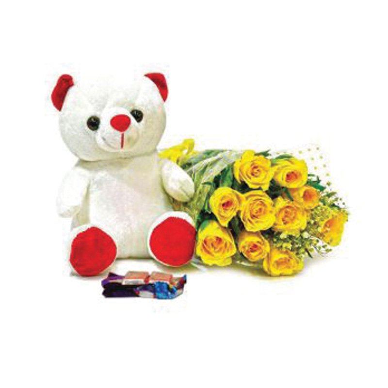12 Yellow Roses+6" Teddy Assorted 6 Bars