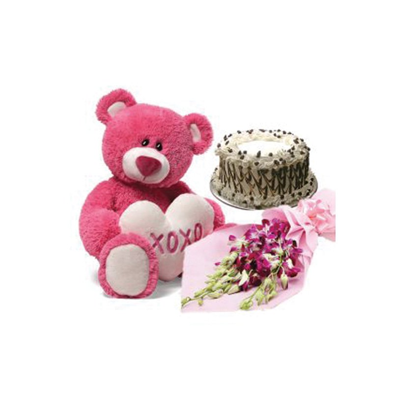 6 Orchid Flower Bunch + 1/2 Vanilla Cake +12" Teddy