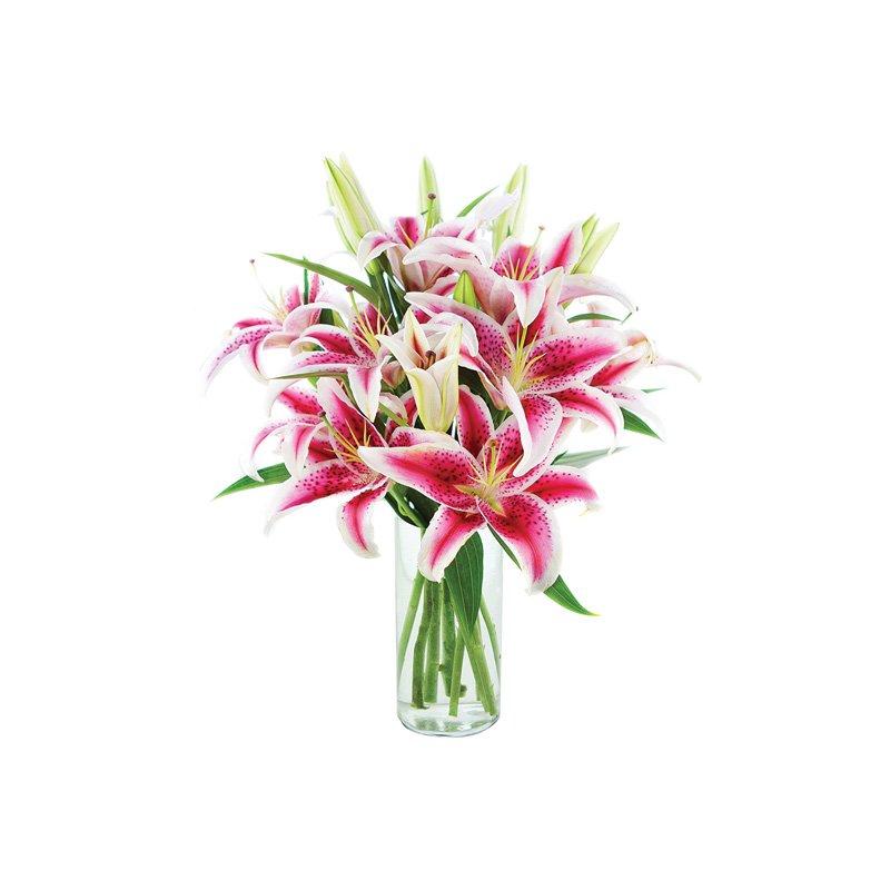 8 Lillies In Glass Vase Or Basket