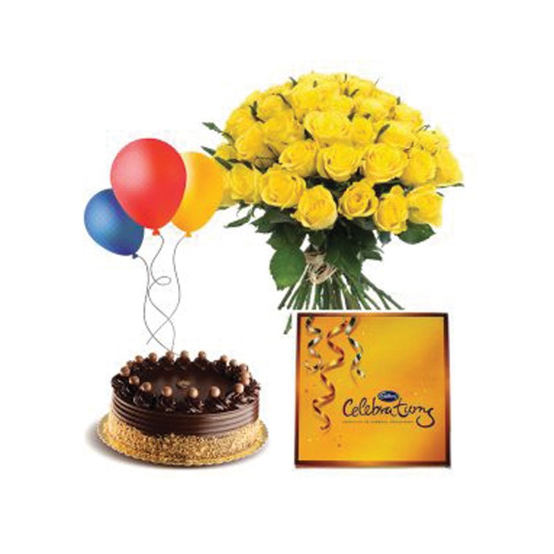 12 Roses + 1/2 Cake + Celebration Pack + 3 Balloons