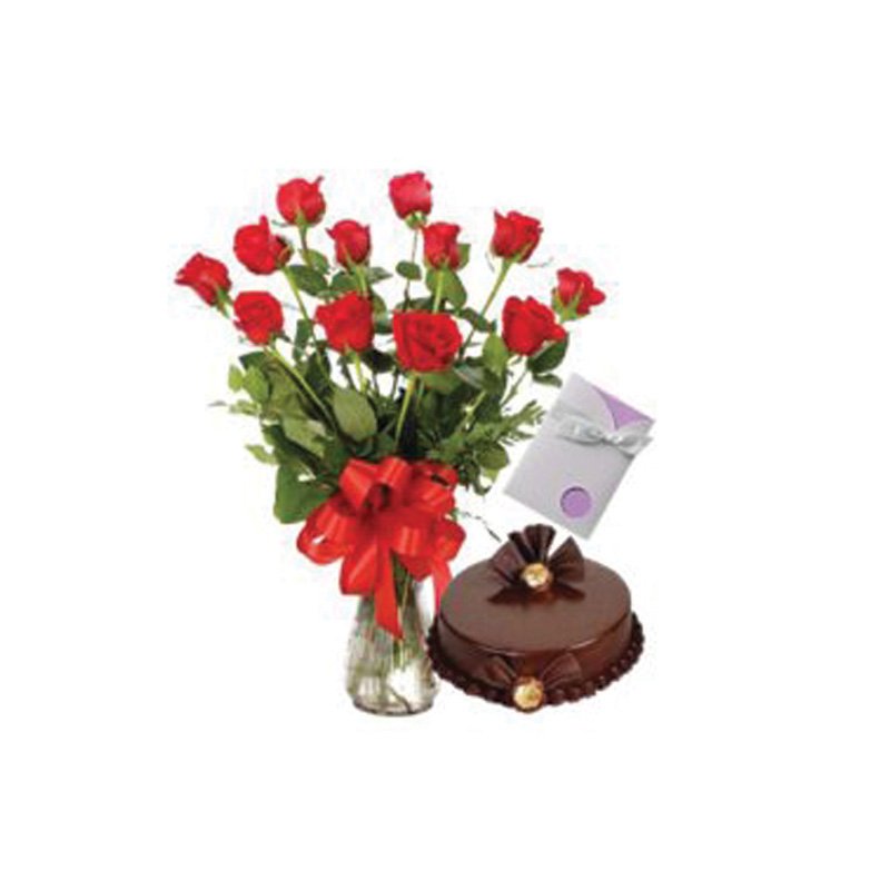 12 Red Roses + 1/2 Kg Chocolate Cake + Greeting Card